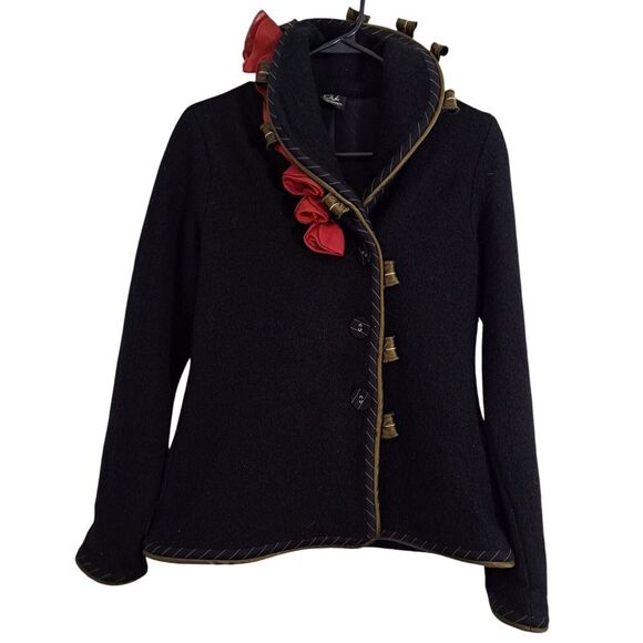 CoVelo Black Wool/Silk Fully Lined Button Up Jacket Red Roses Size Small Art EUC - Picture 1 of 8